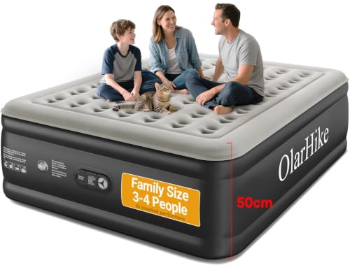 OlarHike Super King Size Airbed, Inflatable Mattress, 182cm x 213cm x 50cm, Air Bed with Built in Pump, Blow Up Mattress, Folding Guest Bed Self Inflating with Flocked Surface for Camping and Home Use