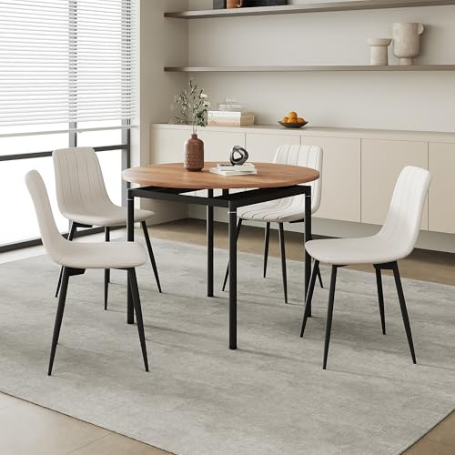 [en.casa] Esstisch mit 4 Stühlen Hemnes Küchentisch 75 x Ø100 cm Esszimmertisch rund gepolsterte Esszimmerstühle Textil Essgruppe Metallbeine Eicheoptik/Beige
