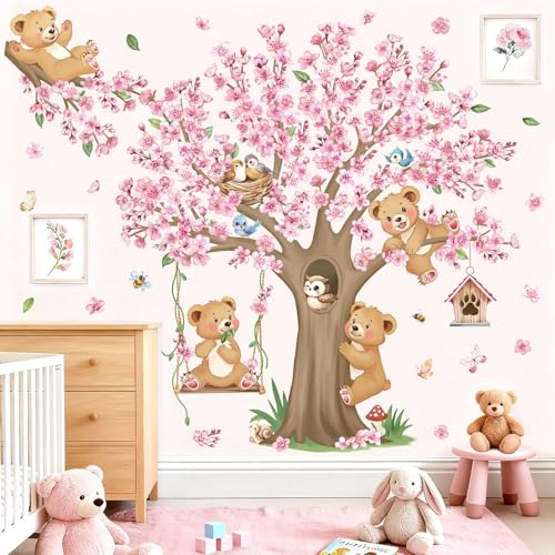 decalmile Stickers Muraux Grand Arbre Fleur de Cerisier Autocollant Mural Animaux Forêt Ours Fleurs Rose Décoration Murale Bébé Fille Chambre Enfants Pépinière