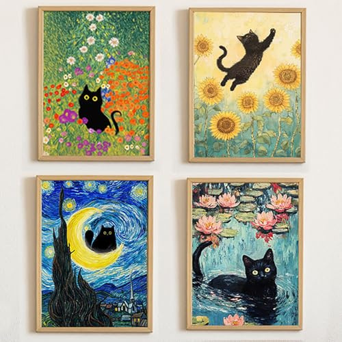 Dekomundo Die Kunstkatzen 4er Set Poster, Schwarze Katze in Berühmten Gemälden – Van Gogh Sternennacht, Monet Seerosen, Klimt Stil Deko für Katzenliebhaber - 30x40 cm