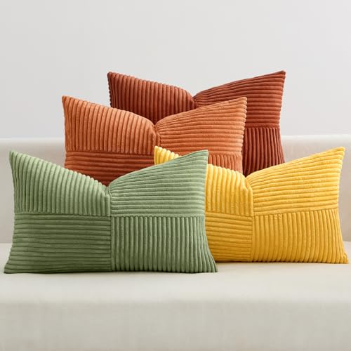EMEMA Kissenbezug Kordsamt Herbst Kissenhülle 30x50 Orange-grün Serie | 4er Set Zierkissenbezug Dekokissen Sofakissen Kord Dekorative Kissen für Sofa Sessel Zuhause Schlafzimmer