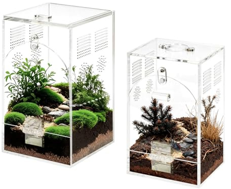 Umtiti Paquete de 2 hábitat de arañas saltarinas, recinto de insectos, terrario de insectos, tanque de reptiles arbóreos acrílicos, caja de cría transparente con puertas magnéticas (kit de 2 tamaños)
