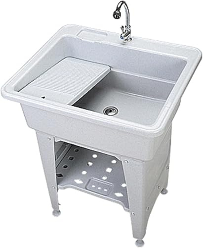 Freistehende Wäschewanne mit Waschbrett und Wasserhahn-Set, graue Haustierwaschstation für Badezimmer, Werkstatt und Waschküche, 80 x 56 x 85 cm, Reinigungsbecken und Auffanggefäß