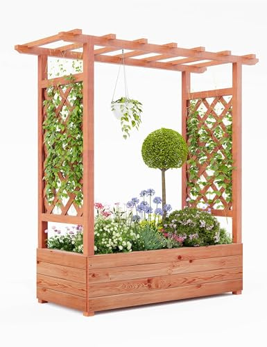 GarveeHome Elevated Wooden Raised Garden Bed with Arch Trellis & Hanging Roof – Freestanding Planter Box with Side Supports & 4 Drainage Holes for Climbing Plants & Flowers – Size: 110x44x113.5cm