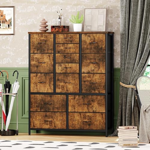 Garvee Kommode mit 15 Schubladen,Stoffkommode Aufbewahrungsschrank mit Stoffschubladen,Stabiler Metallrahmen & Holzplatte,Schubladenschrank Organizer für Schlafzimmer Flur,100x30x123cm,Vintage Braun