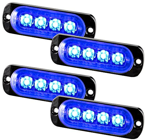 Teguangmei 4pcs Ultra Mince 4LED Lumières Stroboscopiques d'urgence Bleu Danger Balise Avertissement Clignotant Lumières Universelles Pour Voiture Véhicule Camion 12-24V