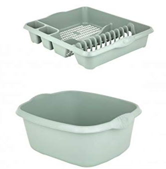 Set of 2 Plastic Rectangular Washing Up Bowl with Large Dish Drainer (Silver Sage)