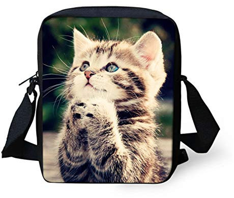 Howilath Kleine Kuriertasche mit lustigem Tierdruck, Outdoor-Reisetasche, Umhängetasche, Handytasche, Betende Katze, Small