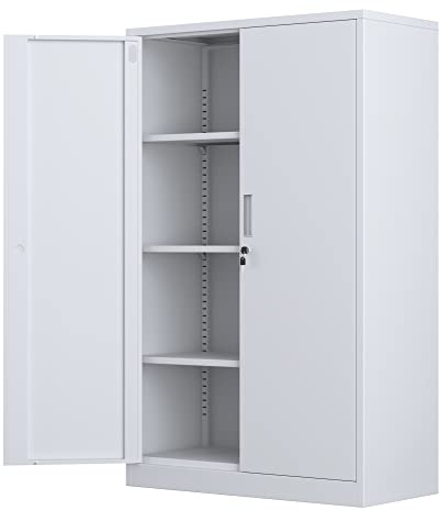 iJINGUR Metal Storage Cabinet with Locking Doors and 3 Adjustable Shelves, Lockable Steel Storage Cupboard for Home Office and Garage (White)