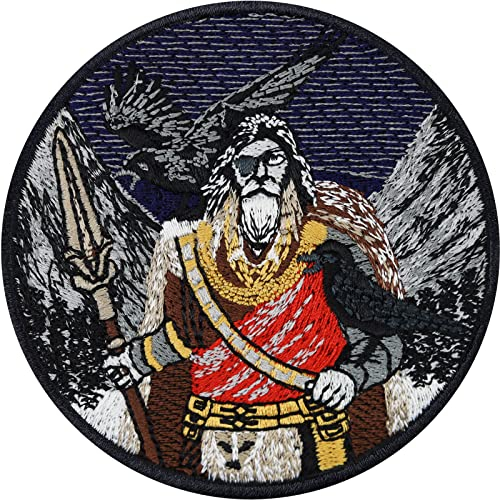 Wikinger Aufnäher gestickt | Göttervater Odin mit Hugin & Munin Mystischer Vikings Sticker nordische Mythologie Bügelbilder zum annähen/aufbügeln | Drachen Applikation | 80x80mm