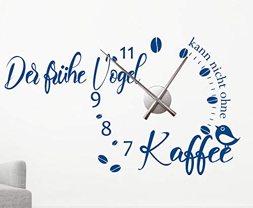 Wandtattoo Uhr mit Uhrwerk Spruch Der frühe Vogel, Kaffee Wanduhr Küche Wohnzimmer DIY von timalo® – 30 Farben | 76064b-Schwarz-M-100x58-Uhr-schwarz
