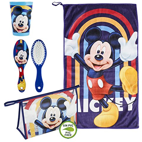 CERDÁ LIFE'S LITTLE MOMENTS, Trousse Toilette Enfants Transparente Mickey Mouse Composé [ Verre en Plastique + Brosse à Cheveux + Serviette en Microfibre ], Licence Officielle Disney Bleu