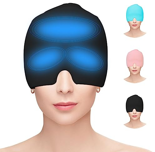 Hoseay Cappello per Emicrania Riutilizzabile Ghiaccio Gel Cappello Mal di Testa Confortevole Cuscinetti Terapia Freddo, Mascherina Occhi Refrigerante Sollievo Dolore/Occhi Gonfie/Alleviare Stress,Nero