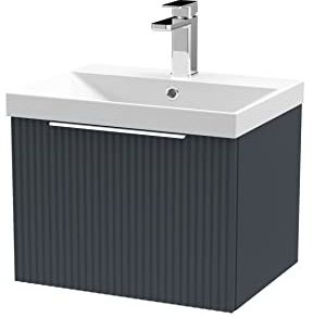 Hudson Reed DFF1491D Fluted Modern Bathroom Wall Hung 1 Drawer Vanity Basin Unit with Thin-Edge Ceramic Basin, 500mm, Soft Black