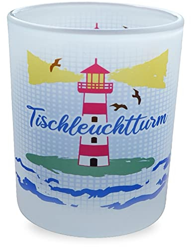 Fördeblau Leuchtturm Glas Teelichthalter 'Tischleuchtturm' – Satiniert, Nordisches Design, 8cm Hoch, Maritime Geschenkidee als Tisch-Dekoration für Meeres-Liebhaber