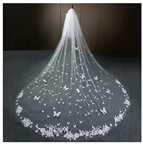bamutech Brautschleier Langer Schwanzschleier Spitzenrand 3D Schmetterling Blumenapplikationen Gesichtsbedeckte Kathedrale Brautschleier mit Kammschleier Weiß Elfenbein (Color : White, Size : 350cm)