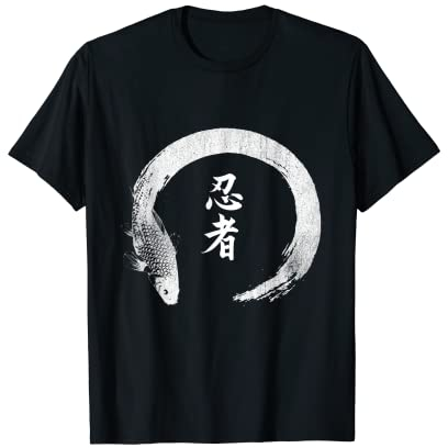 Fantastisches T-Shirt mit japanischen Ninjitsu-Symbolen und Enso Koi-Mütze T-Shirt