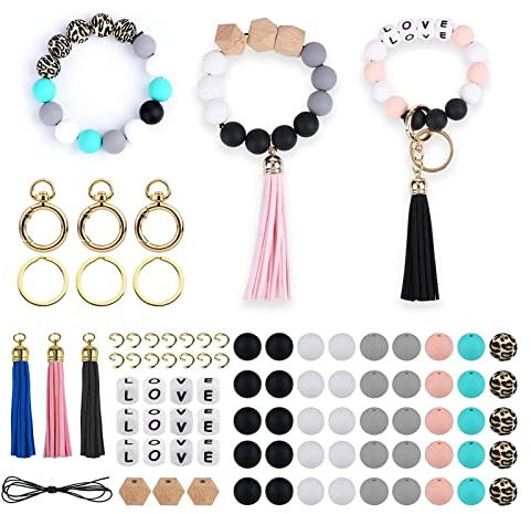 Jauhmui 84 Stück Silikon Schlüsselanhänger Rohlinge mit Quasten-Kit,Silikon Perlenset,für Armbänder Selber Machen Schlüsselanhänger Frauen Armband Monchichi Autoschlüsselanhänger Klein Bastelperlen