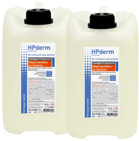 SORIFA - Lote de 2 - HPderm Gel limpiador sin perfume - Lavados frecuentes - Pieles sensibles o reactivas - Manos y cuerpos - Proteínas protectoras de soja - pH neutro, sin jabón - Bidón 5L