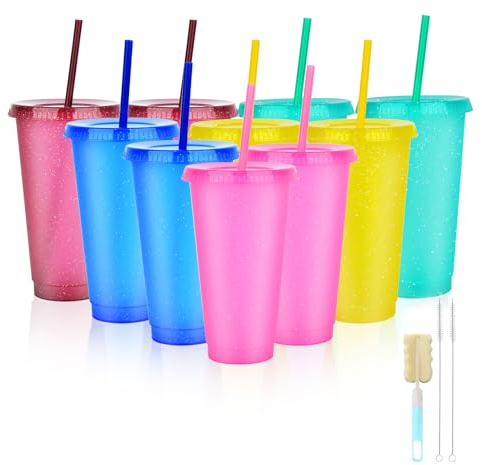 NUZEKY Reusable Plastic Cups with Straws & Lids - 10Pcs 24oz Cold Iced Coffee Drinking Cup Colorful Straw Tumblers Bulk - Cute Durable Travel Party Cup for Adults, 203LBSUY19D2LOY