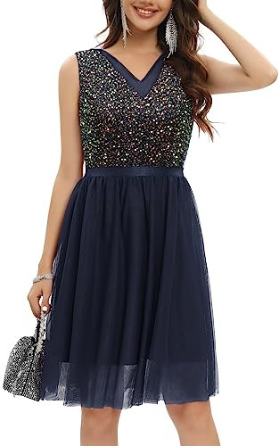 Gardenwed Paillettenkleid Damen elegant V-Ausschnitt festliches Glitzer Kleid Tüll Kleid Party jugendweihes Kleid Cocktailkleid Navy XL