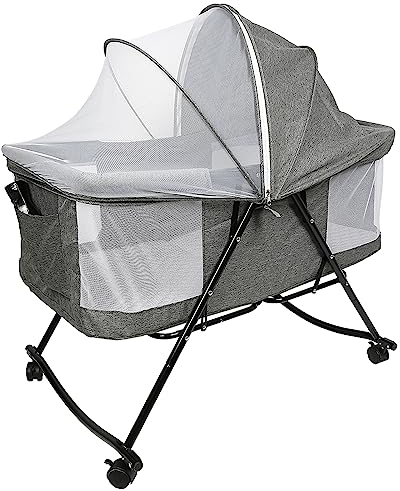 Homewell Beistellbett Baby, 2 in 1 Babybett und Babywiege, Kinderbett mit Rollen, Moskitonetz, Lagerungstasche und Matratze, Multifunktional Kinderbett Faltbares Tragbares (Modell 4 Grau)