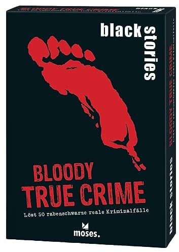 moses. Black Stories Bloody True Crime - 50 Rätsel rund um Reale Kriminalfälle, Krimi Kartenspiel mit Spielvariante und Punktechips, Rätselspiel für Jugendliche und Erwachsene