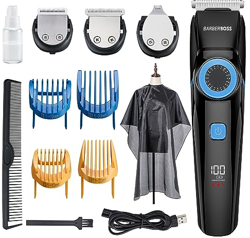 BarberBoss Recortadora profesional 3 en 1 para pelo, barba y detalles, kit de aseo masculino con dial de precisión, cuchillas de corte, recargable por USB y 100% resistente al agua, QR-6087