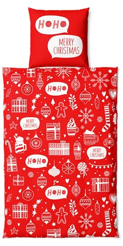 VertriebsArena GmbH Biber Bettwäsche Weihnachten Bettwäsche-Set ** HoHo Christmas **, Kopfkissenbezug 80 x 80 cm, Bettbezug 135 x 200 cm, 100% Baumwolle