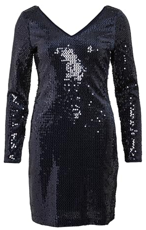 Vila Mini Kleid mit V-Ausschnitt Langarm Pailletten Gefüttert Glamour Dress Abend Party Glitzer VISADIE, Farben:Blau, Größe:34
