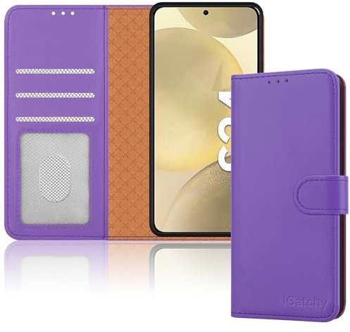 iCatchy Custodia a portafoglio in pelle per Samsung Galaxy S24, con funzione di supporto, magnetica, protezione RFID, compatibile con Samsung S24 (lilla)