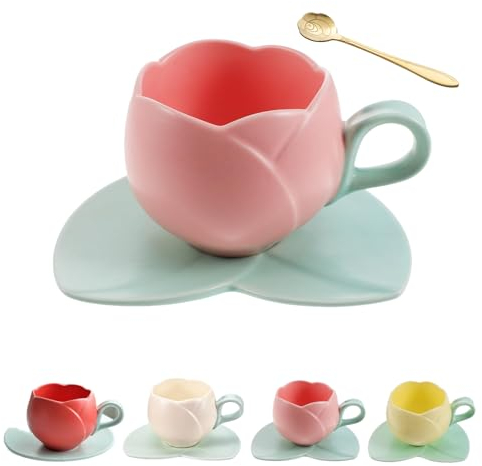 Taza De Tulipan, Linda Taza De Tulipans Rosa/Amarilla/Beige/Roja, Hermosa Taza En Forma De Tulipan, Cerámica Taza De Cafe De Tulipan Trae Una Cuchara (Rosa)