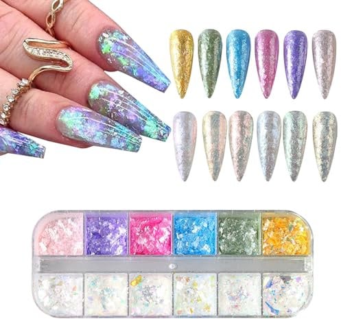 Holographic Nail Glitter,1Boxes 12Grids Opal Nail Flakes Aurora Iridescent Irregular Paillettes,Mermaid Bright Colorful Ice Foil Nail Sequins for DIY Nail Art Decoration Shining Flakes
