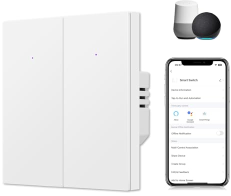 CNBINGO Interruptor de luz inteligente empotrado en blanco – Interruptor de pared WiFi doble funciona con Alexa, Google Assistant – Interruptor WiFi con LED de estado – Control múltiple, temporizador,