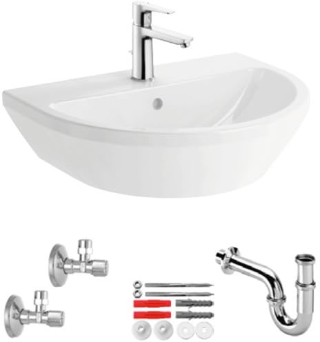 FeuerAnker Waschtischpaket 2 Rund 60 cm ohne Halbsäule Weiss mit Armatur Siphon