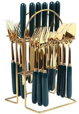 24 Pieces Imitation Marbled Ceramic Handle Kitchen Stainless Steel Silverware Tableware Flatware Cutlery Knives Forks Spoons Set for 6 People (Dark Green,B)