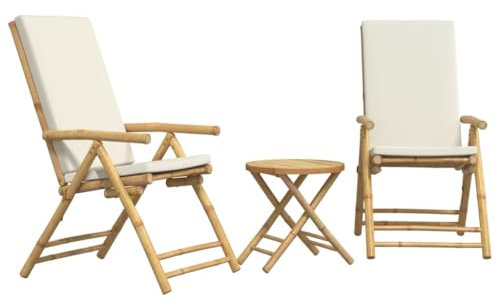 vidaXL Bistroset 3-TLG., Balkonmöbel Klappbar mit Cremeweißen Kissen, Bistrotisch Klapptisch 2 Klappstühle, Gartenmöbel Garnitur Balkonset Sitzgruppe, Bambus