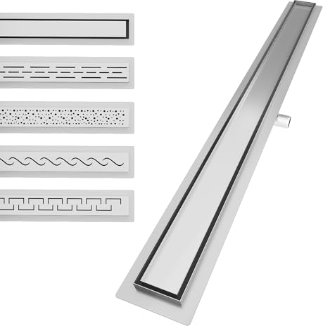 Aquamarin® Duschrinne - 80 cm, Komplettset, mit Siphon, Haken, verstellbare Füße, aus Edelstahl, Gebürstet, Befliesbar, Flach - Duschablauf Linear, Bodenablauf, Ablaufrinne, Duschabfluss, Ablauf