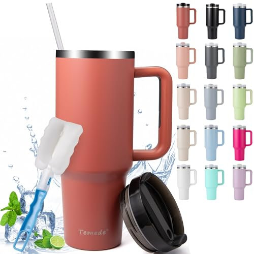 Temede Taza térmica con pajita y asa, 30 oz/0,9 l, vaso grande con tapa y pajita, taza de café térmica para llevar térmica, de acero inoxidable, taza de vacío portátil para bebidas frías y calientes