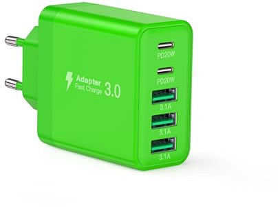 USB C Ladegerät, 50W 5-Port Mehrfach Ladegerät, Schnellladeblock Dual Port Power Adapter+QC Wandstecker USB C Netzteil für iPhone 16 15 Pro Max 14 13 12 SE 2020 XS XR 8 7 Samsung Handys(Green)