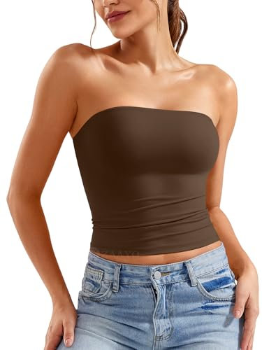 ZAAYO Schulterfrei Tube Top Damen Bandeau Top Y2K Slim Fit Crop Top Sexy Sommer Tops Doppelt Gefüttert Tank Top Braun S