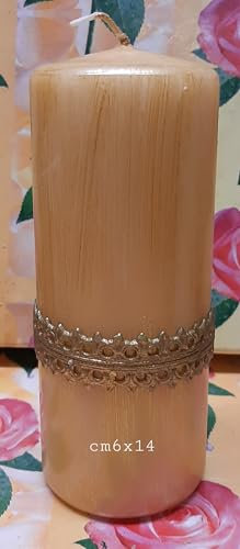 Weihnachtskerze gelb verziert mit goldenen Motiven aus Wachs, 6 x 14 cm