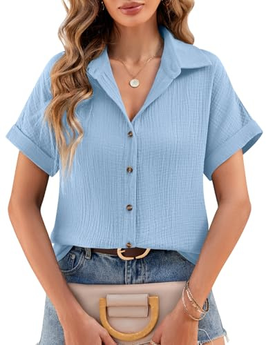 Lonya Women's Blouses Summer Chiffon Blouses V Neck Ladies Tops Short Sleeve Button Down Cotton Shirts Solid Color Loose Fit Casual Elegant Tee Shirts, Light Blue, L