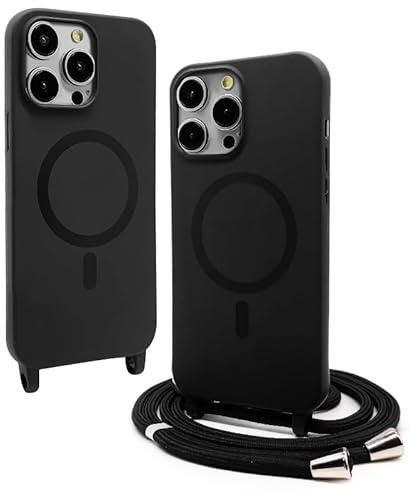 CUZZCASE Silikon Schutzhülle kompatibel mit iPhone 13 Pro Max(6.7),Kabellosem Laden,Silikon Stylische Verstellbarer Halskette Handyhülle-Schwarz
