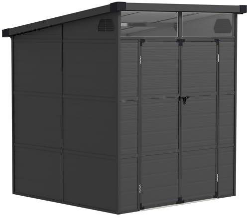 Outsunny 6 x 6ft Outdoor Storage Shed, Plastic Garden Shed with Windows and Air Vents, Outdoor Resin Tool Shed with Latch Doors for Garden, Deck, Dark Grey