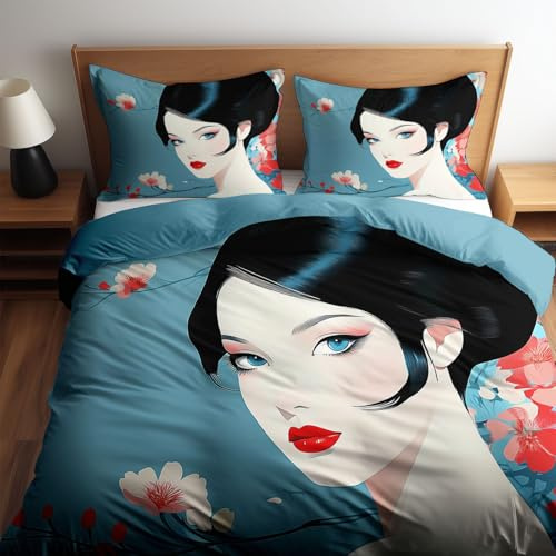 CozyRest Bettwäsche Set 100 x 135 cm Wende Bettbezug Set, Blau, Asiatische Frau Japan, Weiche Vier Jahreszeiten Bettbezug mit Reißverschluss und 40x60cm Kissenbezug