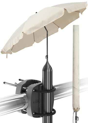 Menz Sonnenschirm Balkon als Sonnenschutz Balkon 3-IN-1 SET - UPF 50+ Sonnenschirm 180 cm in Beige + Sonnenschirmhalter Balkongeländer + Sonnenschirmhülle