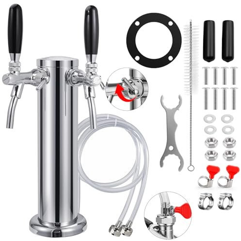 New Adjustable Dual Tap Kegerator Tower Beer Tap Tower Upgraded 3 Draft Beer Dispenser Keg Tower, 304 Stainless Steel Core Self-Closing Beer Faucet with Pre-Assembled Beer Line Kegerator Parts Kits