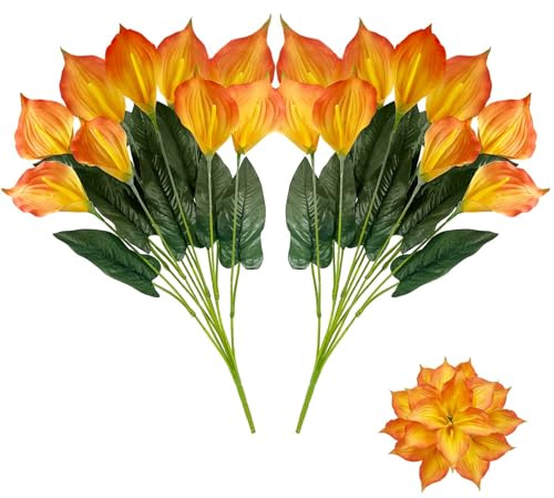 Daily Treasures Orange Calla Lily Artificial Flowers, 18 Large Blooms artificial lilies with Green Leaves, 54cm Silk Orange Flowers for Bridal Bouquet, Vase Arrangements, DIY, Home Wedding Party Décor
