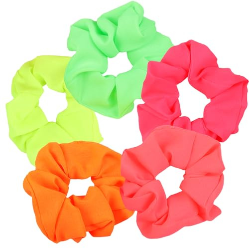 Maxqzin 5 x Neon-Haargummis, Neonhaar-Accessoires, Pferdeschwanz-Bänder, elastische Haargummis für Damen und Mädchen, 80er-/90er-Jahre-Party-Outfit
